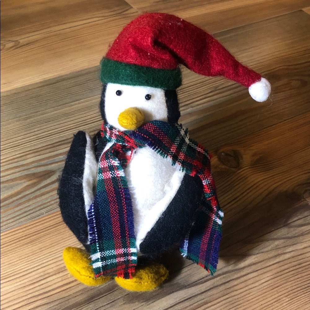 Weighted Felt Festive Penguin Plush with Red Hat and Plaid Scarf